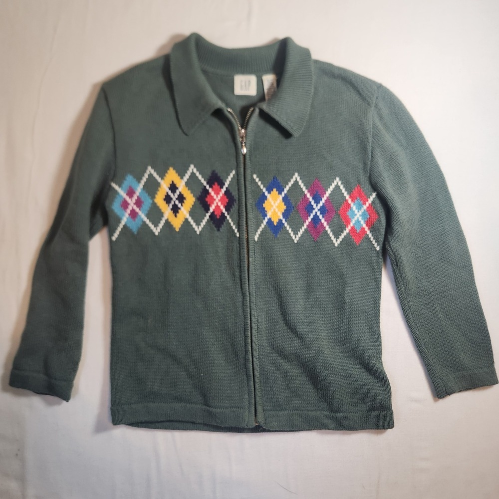 Vintage Gap Argyle Full Zip Cardigan Sweater Sage Green Cotton Knit Small 3/4
